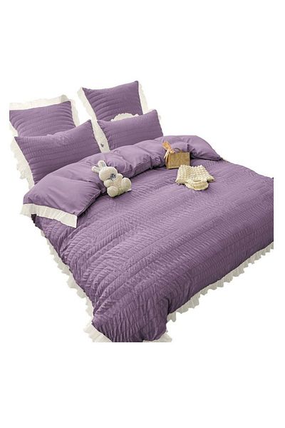 OEM Lenjerie Creponat, Bumbac, 6 piese, Mov, 230x250cm, 200x230cm, 4 fete de perna