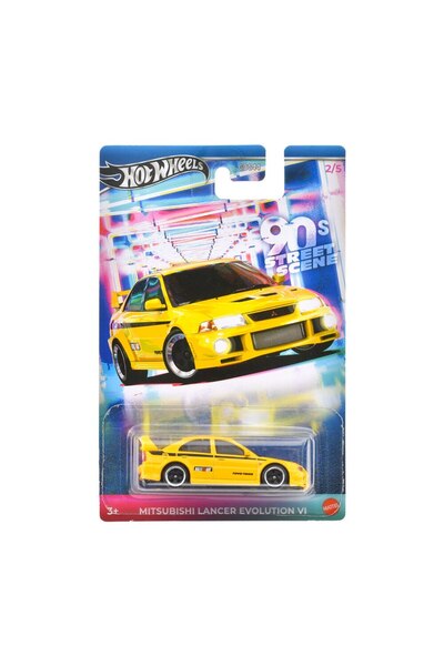 HOT WHEELS Mașină turnată sub presiune Hot Wheels, scenă stradală din anii '90, Mitsubishi Lancer Evolution VI, 1:64, galben