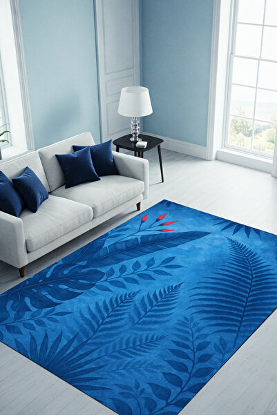 The Reef Design Mavi Yapraklı Halı Dijital Baskılı Dokuma Kaymaz Tabanlı Yıka...