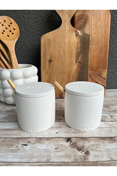 ThreeT Beyaz silindir beton tuzluk biberlik set(kaşık hediyeli )