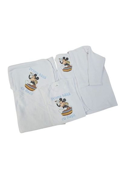 OEM Set pentru prima baita cu nasii 3-6 luni, Halat, Prosop si body, Alb, Model Mickey