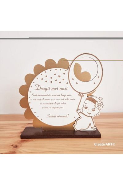 CreativArt Trofeul Decorativ Din Lemn Pentru Nașii De Botez De Fetită