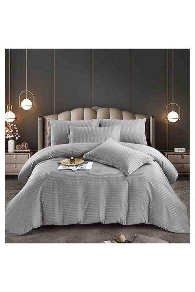 Lenjeria Pufoasa Double Bed Linen with Elastic, Damasc Deluxe Premium, 6 Pieces, Horeca - Light Gray