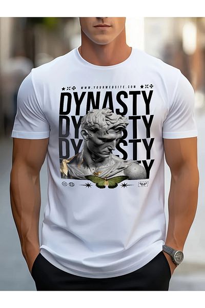 aynewmoda Short Sleeve Round Neck T-Shirt with Sculpture and Letter Print