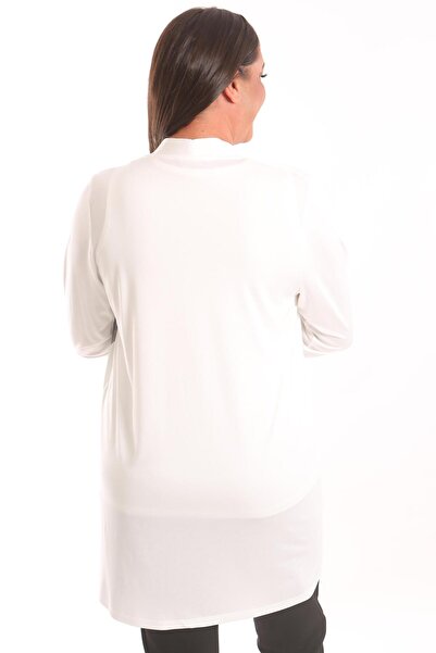 Metpoint Trend42plus Büyük Beden Ekru Daire Desen Taş Baskılı Uzun Hırka