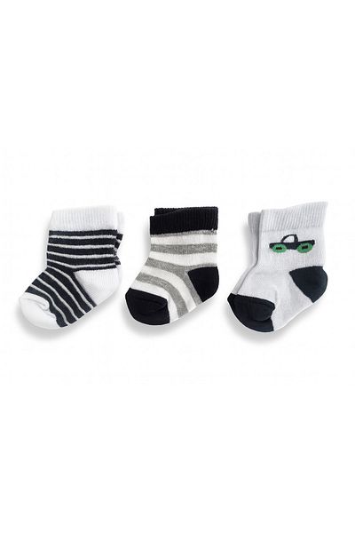 mini mia Baby Boy 3-Piece Socks Set – Black and White Striped & Car Patterned