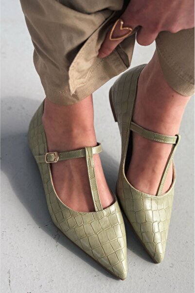 I Love Shoes Cormel Matte Leather Crocodile Patterned Water Green Women's Ballerinas