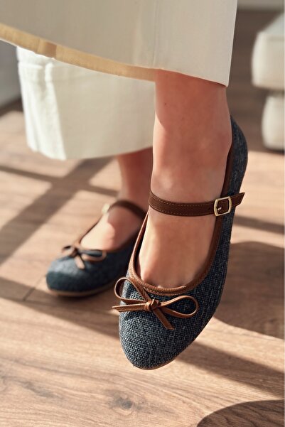 I Love Shoes Γυναικείες μπαλαρίνες Ralina Navy Blue με λεπτομέρεια από λινό κ...