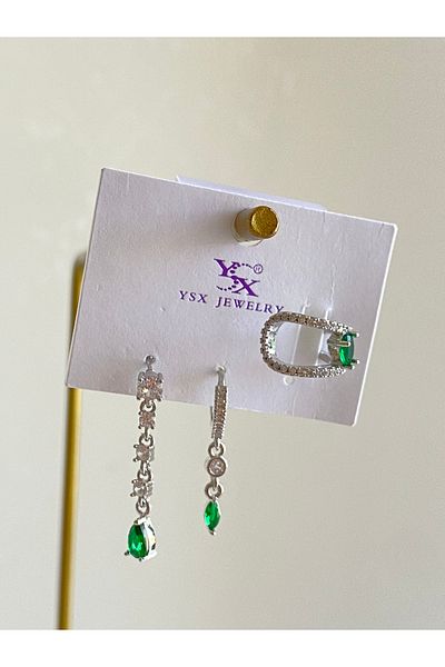 Çelik Set of 3 Emerald Green Dangle Earrings