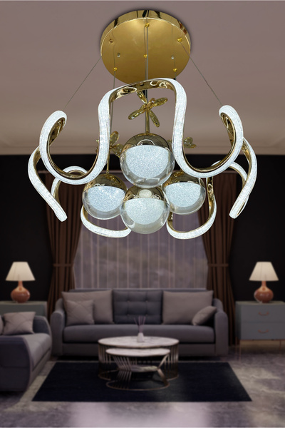 RSCOLLECTIONS Arya Fanus 4 Toplu Simli Slikonlu Yüksek (Işık) Modern Salon Led Avizesi Kumandalı Gold