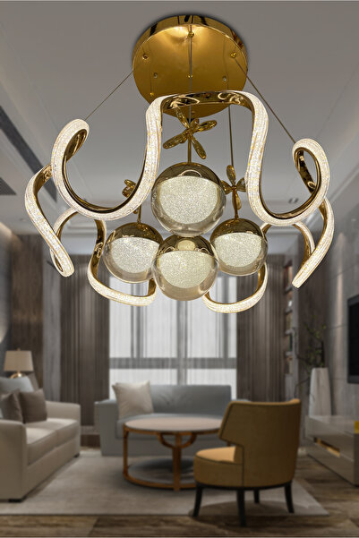 RSCOLLECTIONS Arya Fanus 4 Toplu Simli Slikonlu Yüksek (Işık) Modern Salon Led Avizesi Kumandasız Gold