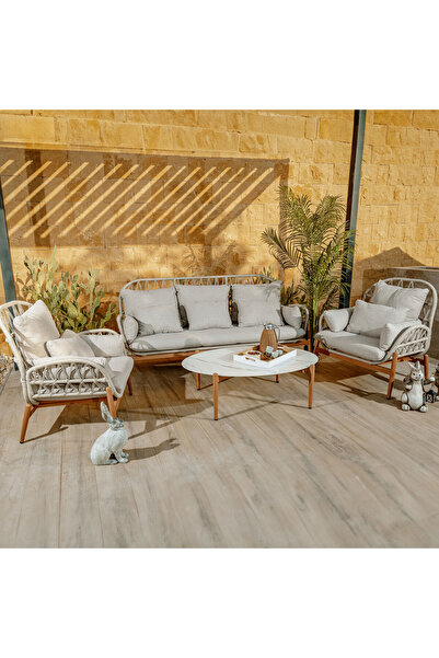 homez 4pcs diamond weave aluminum sofa set with coffee table, beige rope