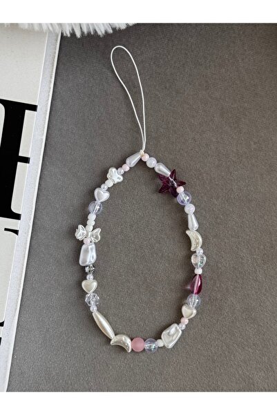 WhimsyWhite خرز وردي عنابي متوسط ​​الحجم، تصميم أبيض اللون، حلية هاتف، حزام ه...