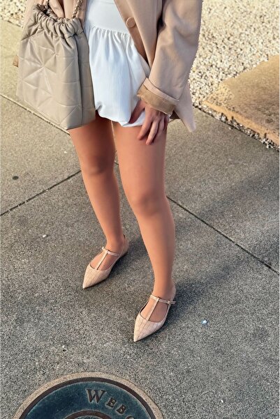 I Love Shoes Cormel Matte Leather Crocodile Patterned Nude Women's Ballerinas