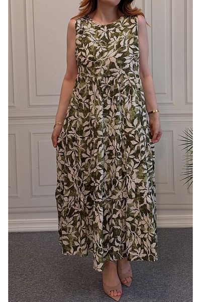 AKŞEN GİYİM Țesătură din bumbac viscoză pentru femei, cu mâneci zero, cu model floral, 123 cm, fustă lungă, rochie cu 3 straturi
