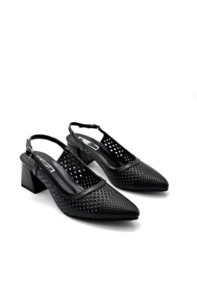 KİNDEP Closed Toe Open Back Soft Leather Heeled Women's Shoes Black
