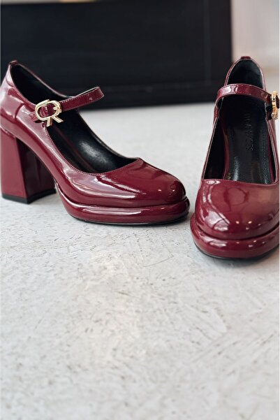 I Love Shoes Adelow Patent Leather Buckle Detailed Burgundy Platform Heeled Mary Jane