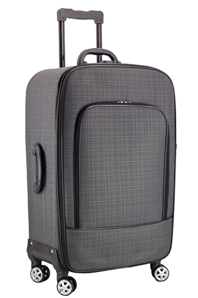Öntan Çanta Ekonomik Unisex Kumaş Kırılmaz 4 Tekerlekli Önü Cepli Kabin Boy Gri Valiz