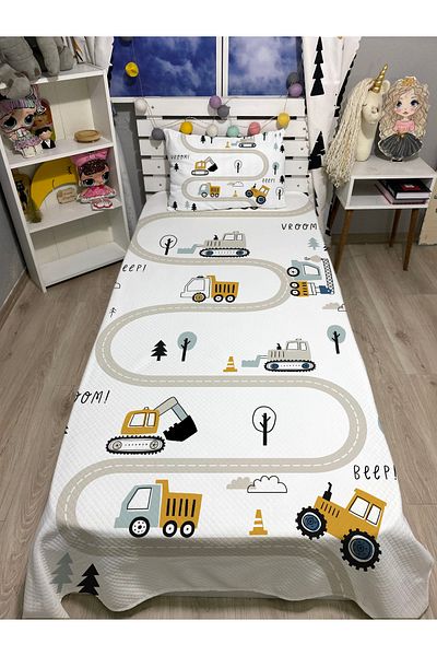yok yok evim eve dair her şey White Ladder Business Machinery Patterned Single Pique and Pillowcase Bedspread Set