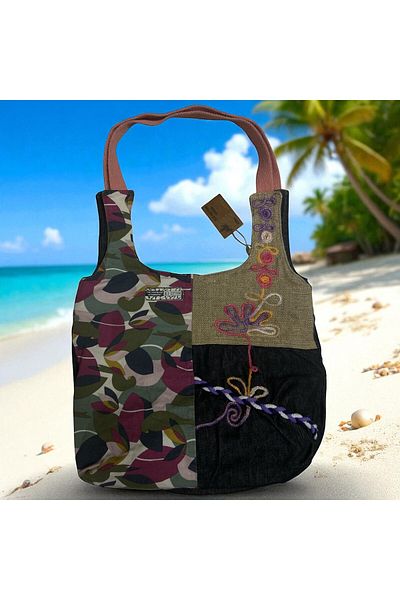 Old Cotton Vintage Colorful Shabby Ethnic Medium Size Beach Casual Women's Shoulder Bag 34 cm X 37 cm