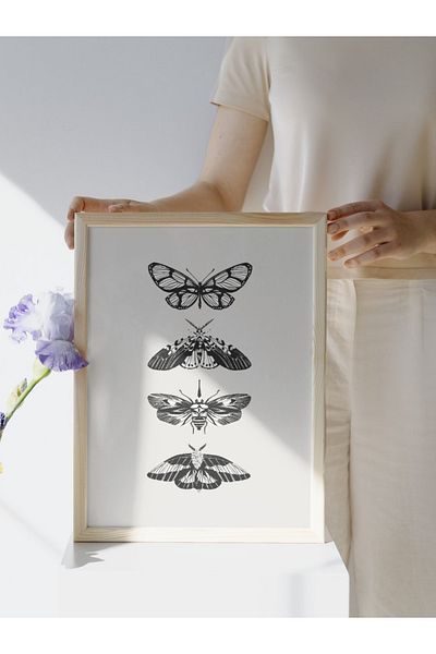 studio duha Butterflies - Black and White Minimalist Butterfly Illustration Poster - Unframed Modern Painting