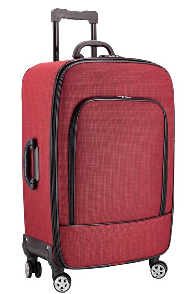 Öntan Çanta Ekonomik Unisex Kumaş Kırılmaz 4 Tekerlekli Önü Cepli Kabin Boy Bordo Valiz