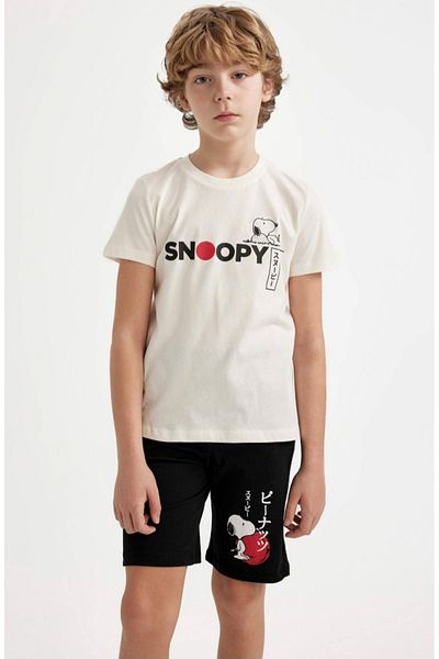 DeFacto Set pijamale Snoopy pentru băieți, cu mânecă scurtă, pantaloni scurți