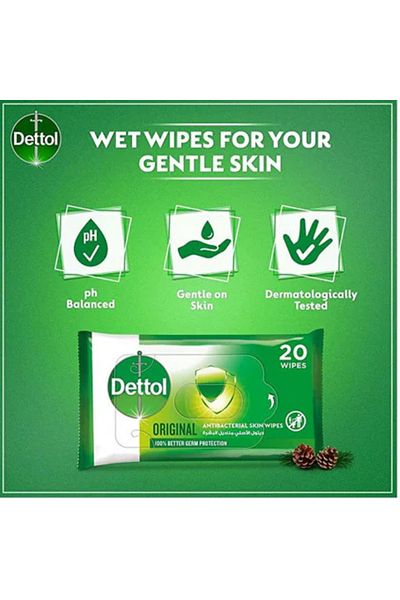 Dettol 2-in-1 Antibacterial Wipes – Skin & Surface – 20 Wipes – Kills Germs – pH Neutral