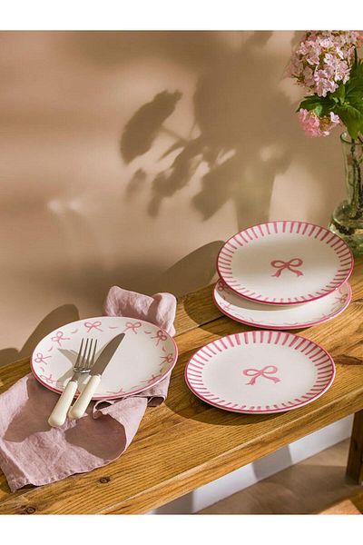LC Waikiki LCW HOME Σετ κεραμικό πιάτο τούρτας με στάμπα φιόγκου 4 τεμαχίων 21 cm (W5)