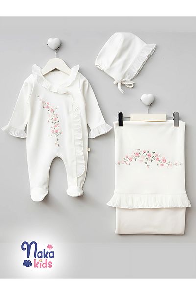 Naka Concept 100% Cotton 3 Piece Baby Girl Floral Hospital Discharge Set White