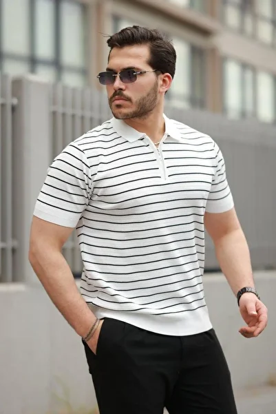 moda wanilia Men's Zipper Collar Striped Short Sleeve T-Shirt