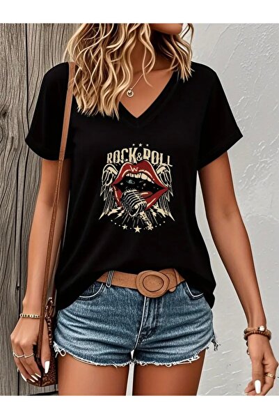NOFLEN TRICOU DE DAMĂ OVERSIZE CU GULER ÎN V CU IMPRIMEU RUCK&ROLL