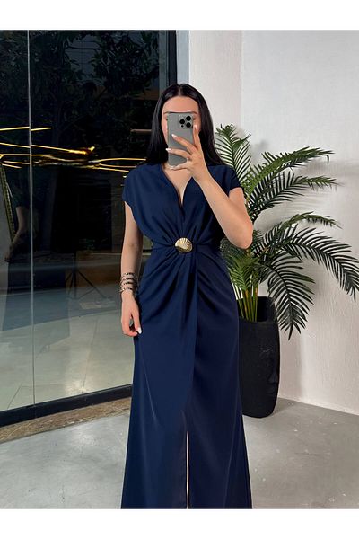 missswans Nomia Cross Cut Low-Cut Long Dress with Seashell Accessories Navy Blue