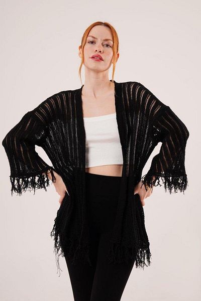 modamtn Tassel Detailed Perforated Model Black Cardigan
