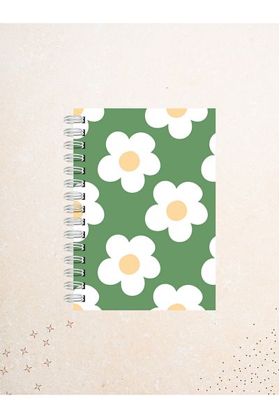 Ez&Tu Stıcker Daisy Patterned Notebook with Green Background – 60 Sheets / 120 Pages – Unlined Wire Spiral