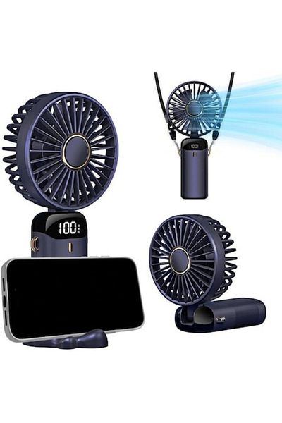 BonsMar Ventilator ultraportabil, 3 în 1, pentru gât și mână, 5 viteze, reglabil la 90°, ecran LCD, 4200mAh, albastru