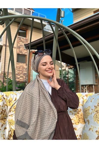 Modakaşmir Linear Circle Mk Cotton Scarf - Stone-Grey