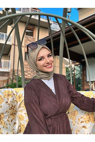 Modakaşmir Linear Circle Mk Cotton Scarf - Khaki-Beige