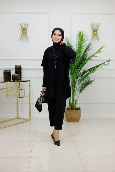 VALENS BOUTİQUE Women's Hijab Set 3-Piece Tunic & Pants Set with Necklace Gift