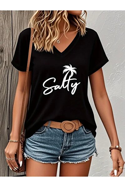 FUFLUNS تي شيرت نسائي كبير الحجم برقبة على شكل حرف V مطبوع عليه SALTY