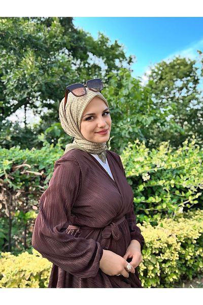Modakaşmir Linear Circle Mk Cotton Scarf - Khaki-Beige