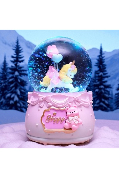 Kuzey Tacı Pembe Unicorn ve Ayıcık Temalı Müzikli Kar Küresi – “Happy” Yazılı