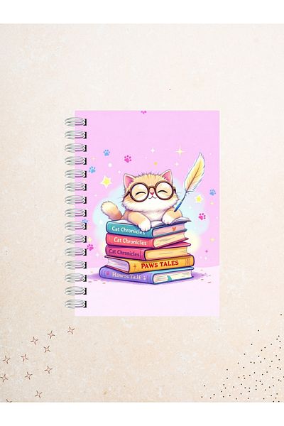 Ez&Tu Stıcker Cute Cat and Book Pattern Notebook – 60 Sheets / 120 Pages – Unlined Wire Spiral