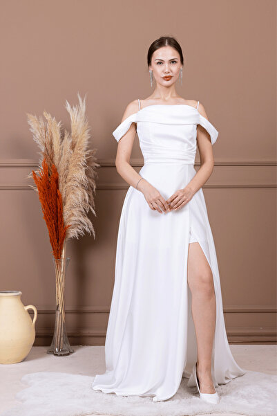 BEYBOS Βραδινό φόρεμα από σατέν ύφασμα με κορδόνια - ΛΕΥΚΟ