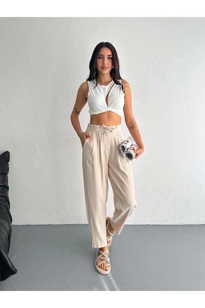 BBbutik High Waist Comfortable Leg Trousers - Off White