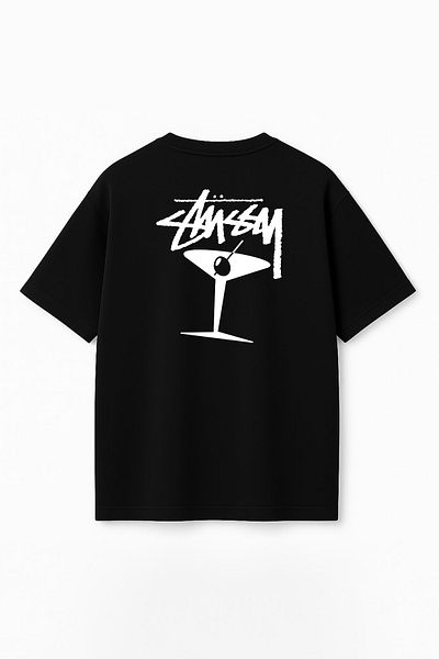 THE RULE Unisex Stüssy Martini Printed Oversize 100% Cotton Wide Cut Textured Crew Neck T-Shirt Rf0536