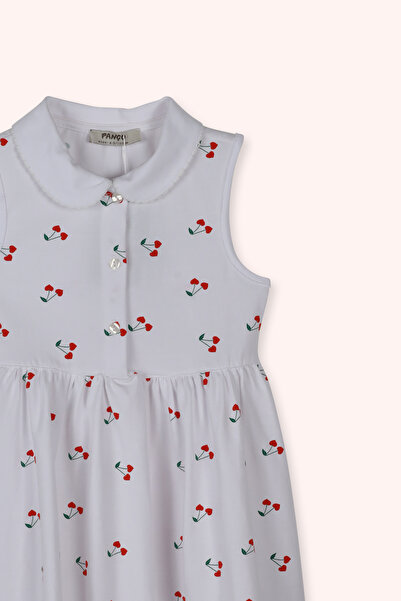 Panço Kız Bebek Kiraz Desenli Örme Beyaz Elbise