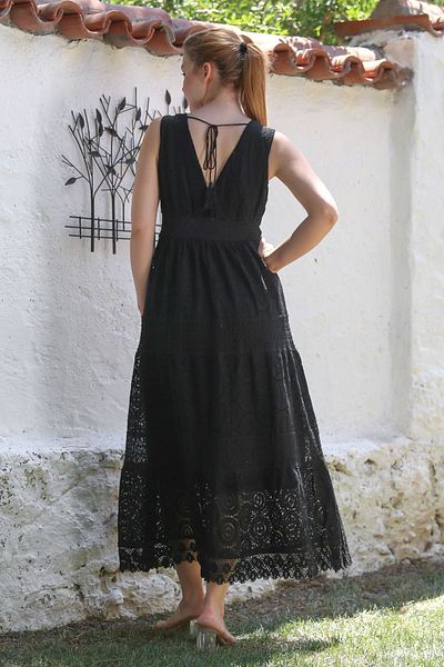 Chiccy Ιταλικό μαύρο φόρεμα με λαιμόκοψη V με αμάνικο φόρεμα με λεπτομέρεια υφαντό 140 53