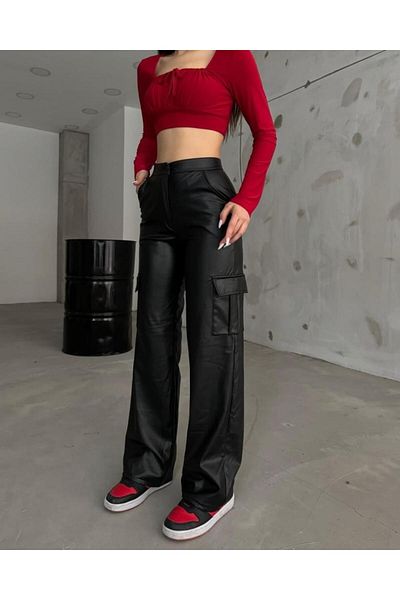 modamtn Women's High Waist Front Zip Side Pocket Detailed Leather Cargo Pants
