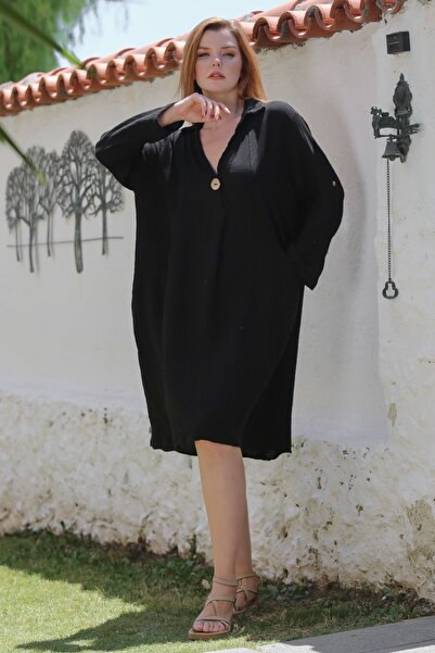 Chiccy Siyah Gömlek Yaka Düğmeli Uzun Kollu Cepli Yıkamalı Casual Müslin Dokuma Elbise 103 65